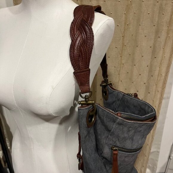 Lucky Brand BOHO Large Distressed Braided Leather Strap Blue Tote Shoulder Bag - Picture 16 of 16